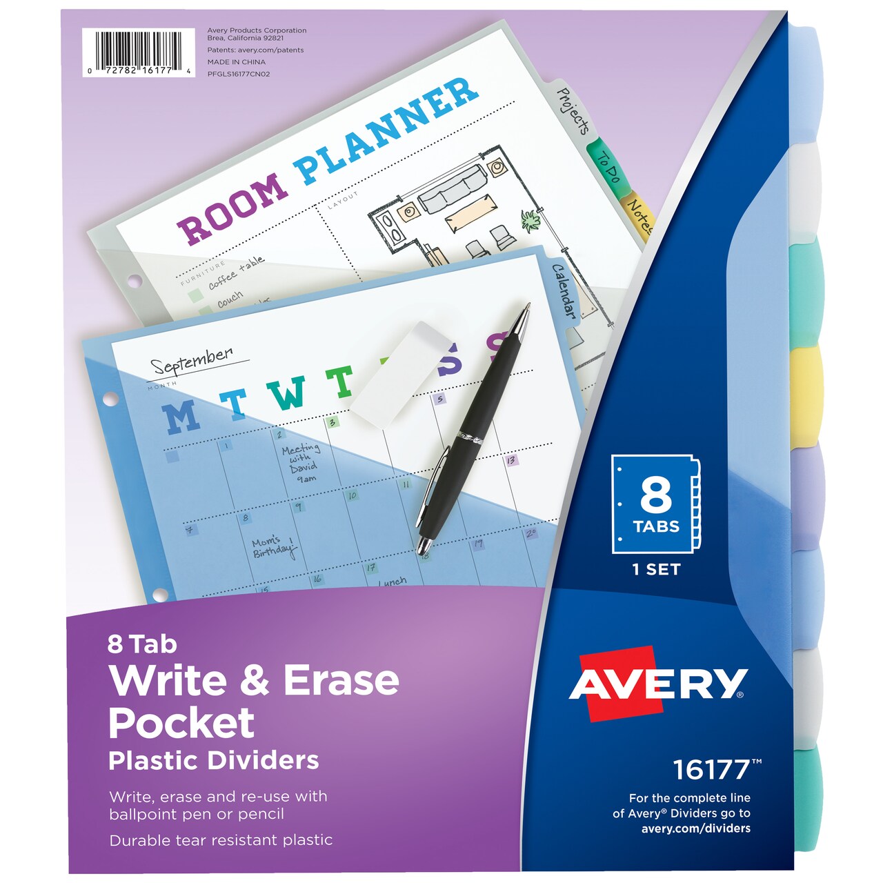 Avery Write & Erase Pocket Plastic Dividers for 3 Ring Binders, 8-Tab Sets, Multicolor, Tabs Viewable Beyond Sheet Protectors, 1 Set (16177) - 24 Pack